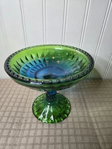 Vintage Jeanette Glass Footed Compote Candy Dish Green Blue  - Picture 1 of 9
