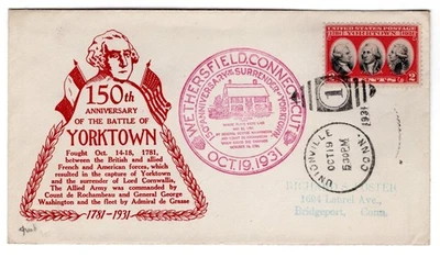 #703 Yorktown 1931 FDC - Unofficial U/O Unionville CT WSE Dyer - Image 1 of 2