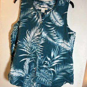 C & C California Linen Blouse Sleeveless Green Print Sz L - Picture 1 of 4