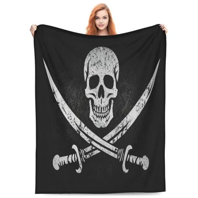 Jolly Roger Pirate Skull Throw Blanket Grunge Skeleton Soft Fleece Blanket Co... - Image 1 of 4