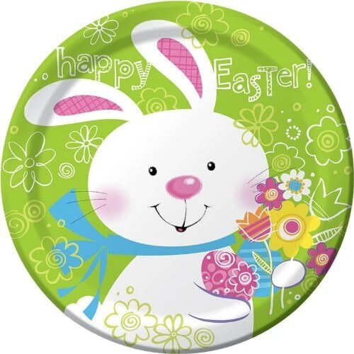 Hoppy Bunny Easter Rabbit White Cute Theme Holiday Party 9" Paper Dinner Plates - Image 1 of 1