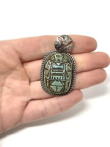 Excellent Large Heavy Sterling Silver 925 Turquoise Scarab Egyptian Pendant 21g