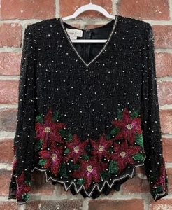 Laurence Kazar Black Beaded Silk Top Poinsettia Flowers Size Large - Picture 1 of 9