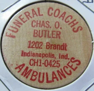  Vintage Funeral Coachs Indianapolis, IN Wooden Nickel - Token Indiana #1 - Picture 1 of 2