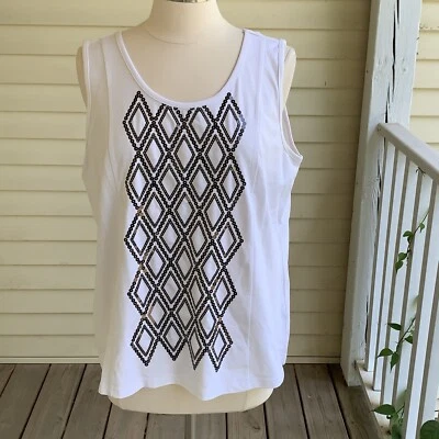 Bob Mackie Wearable Art Sequin Tank Top L Argyle White QVC Artsy Blouse Shirt - Image 1 of 4