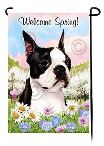Willkommen Frühling Garten Flagge - schwarz-weiß Boston Terrier - Bild 1 von 1