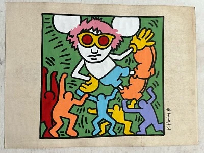 keith haring drawing and painting on old paper signed stamped vintage - Image 1 of 2