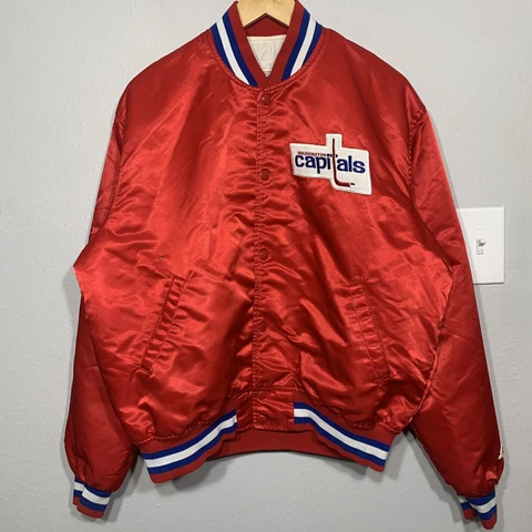 Vintage 80s Starter Washington Capitals NHL Throwback Satin Bomber Jacket Sz XL Cover