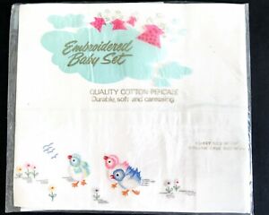 Vintage New Cotton Percale Embroidered Baby Cot Sheet & Pillowcase Set 