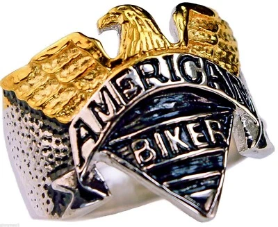 Anillo American Eagle Biker Hombre 318 Acero Inoxidable Oro Amarillo 18K Superposición Talla 9 T60 Foto 1 de 2