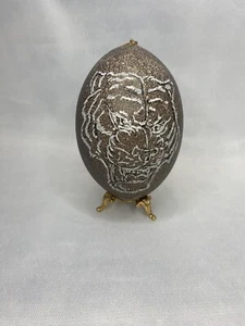 Carved Tiger On Emu Empty Shell Hanging 5" - Picture 1 of 5