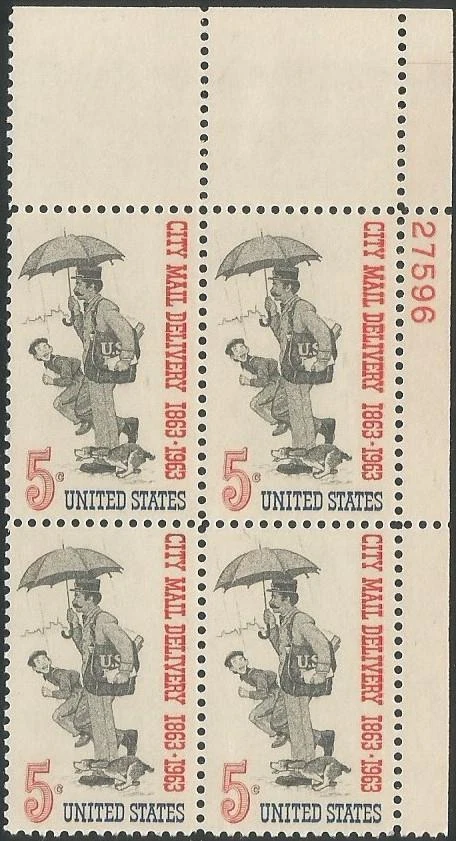 Plate Block of 4 stamps - Scott 1238 - 5 cent - City Mail Delivery - 1963 - MNH - Image 1 of 1