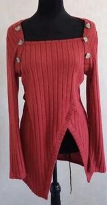 Red Ribbed Long Sleeve Asymmetrical Sweater With Button Accents Size L - Picture 1 of 6