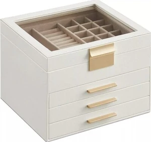 Schmuckkästchen mit Glasdeckel, 4-lagiger Schmuckorganizer, 3 Schubladen - Bild 1 von 16