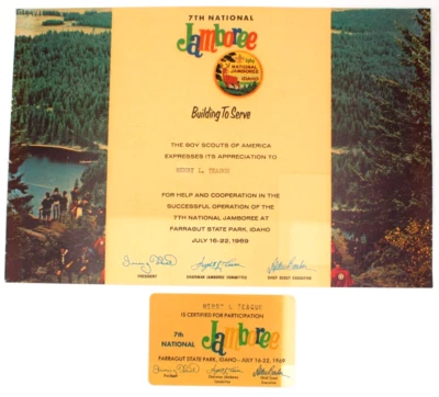 1969 National Jamboree Volunteer Certificate and Card San Diego County Council - Image 1 of 2