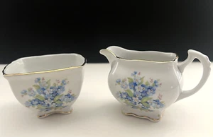 Schumann Arzberg Germany Porcelain Sugar Bowl & Creamer Blue Floral Vintage - Picture 1 of 13