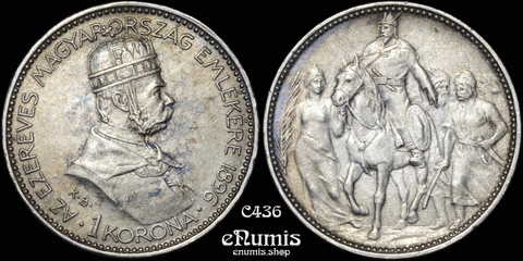 HUNGARY, Franz Joseph I, 1 Korona 1896, Millennium Commemorative, aUNC Cover