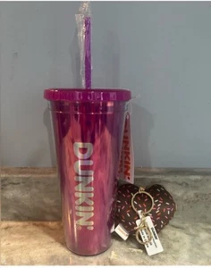 Dunkin Donuts Valentines Day Purple Holo Tumbler W/Heart Keychain Plush 2024 NEW - Picture 1 of 1