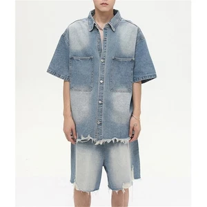 Mens Denim Tracksuit 2-Piece Set Short Sleeve Shirt Shorts Sweatsuit Outfit Set - Picture 1 of 5