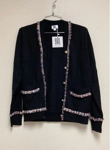 Yal New York Women Black With Multicolor Tweed Trim Cardigan Sz XS NWT - Picture 1 of 4