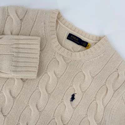 Polo Ralph Lauren Women Wool Cashmere Cable Knit Sweater Ivory Cream M Navy Pony - Image 1 of 4