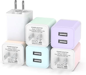 Paquete de 6 bloques de carga de pared USB multicolor doble puerto para iPhone y Samsung - Imagen 1 de 11