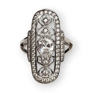 Art Deco CZ Sterling Cocktail Ring Rhodium Plated 925 Silver YGI Size 10.25 FLAW - Picture 1 of 12