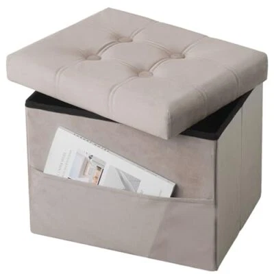 Folding Storage Ottoman Foot Stool Tufted Ottoman with Velvet White Brown - Image 1 of 4