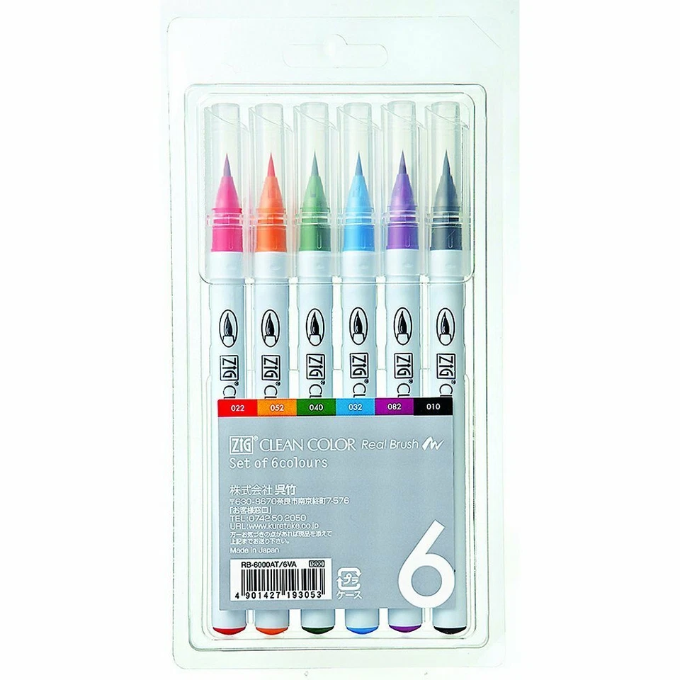 Kuretake Zig Clean Color Real Brush Pen Set 6 Manga in Stock H811