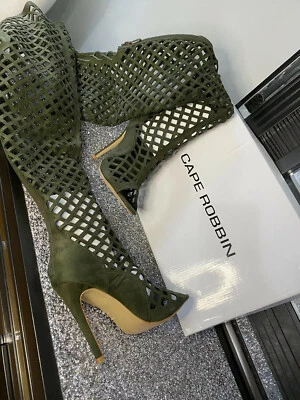Nueva Bota Cape Robbin Mujer Verde Oliva Punta abierta Encaje Muslo Tacón Alto Talla 6 Foto 1 de 4