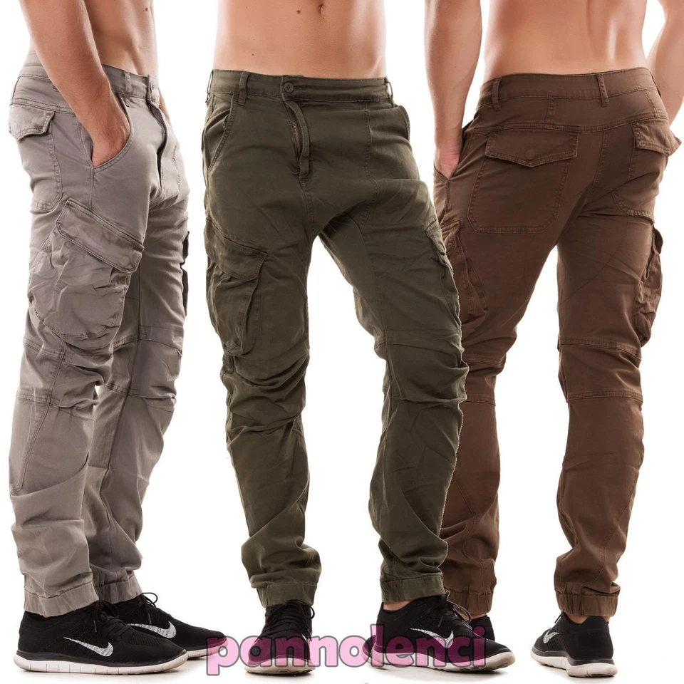Pantaloni UOMO cargo cavallo basso tasconi laterali casual cotone nuovi H6514 - Immagine 1 di 1