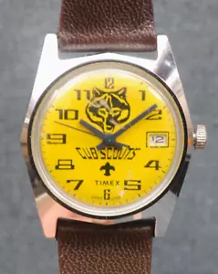 1970s TIMEX MANUAL WIND CUB SCOUTS YELLOW DIAL DATE WRISTWATCH - Picture 1 of 3