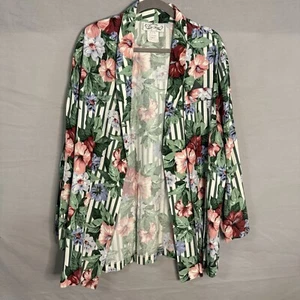 Floral Retro Vintage 90s Blazer Chic Party Jacket Coat 12 Green Striped Hibiscus - Picture 1 of 9