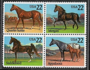 QUARTER HORSE MORGAN SADDLEBRED APPALOOSA US #2155-2158 MXF 22c STAMP BLOCK SET - Picture 1 of 2