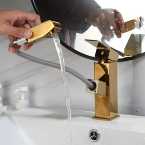 Ausziehbare Brause Badarmatur Set Gold Schwenkauslauf Einlocharmatur Messing Wasserhahn - Bild 1 von 12