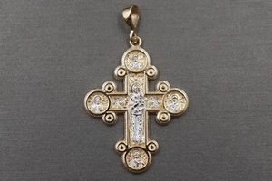 14K Solid Yellow Gold 1.45" Two Tone 4 Way Saints Religious Cross Charm Pendant. - Picture 1 of 9