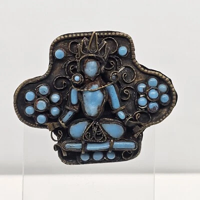 Vintage Asian Turquoise Glass and Brass Buddha Brooch Tibetan Nepalese - Image 1 of 4