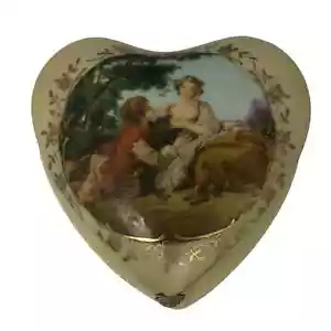 Vtg 4” Rococo Porcelain Hand-Painted Heart Shaped Trinket jewelry Box Gold Trim - Picture 1 of 6