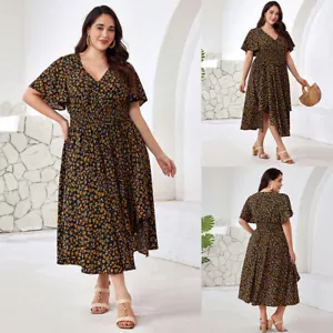 Plus Size Women V-Neck Floral Butterfly Sleeve Midi Dress Party A-Line Dresses - Picture 1 of 22