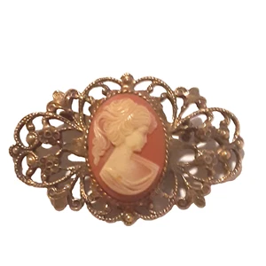 Vintage viktorianischer Stil goldfarbene filigrane Kamee Brosche 2 1/4" - Bild 1 von 4
