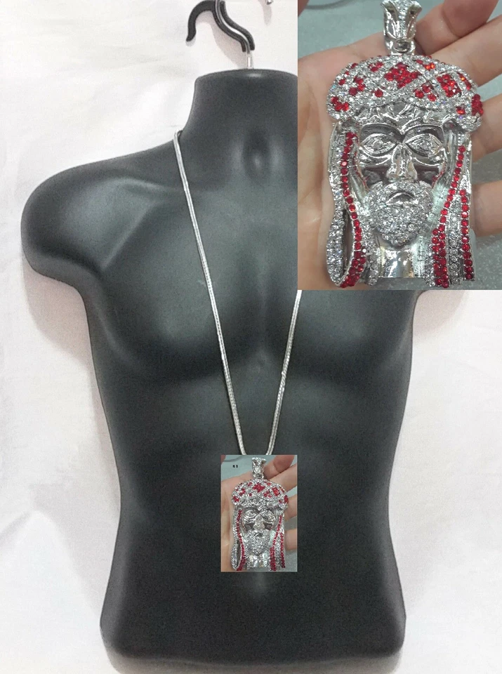 Франко цепочка серебро красный кристалл Иисуса Crown изделие голова подвеска ожерелье хип-хоп - Изображение 1 из 1