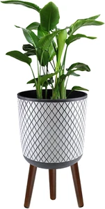 10 Inches Plant Pot with Legs, Modern Gray Flower Pots with Wood Stand, Large Mi - Picture 1 of 12
