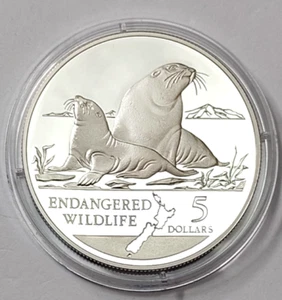 Neuseeland 5$ 1993 Silber PP 1oz Ø~38,7mm Seelöwen Robben Seehunde Endang. Wild - Bild 1 von 2