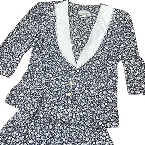 Vintage Rock Bluse Kleid Damen 14 blau Blumen Kragen Sekretärin Akademie Sissy - Bild 1 von 19