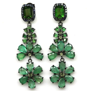 925 Sterling Silver Green Emerald, Diopside, Tsavotite & Sapphire Earrings - Picture 1 of 4