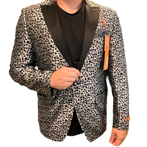 Blazer Talla Grande 42R Tallia Para Hombres Estampado Leopardo Negro Plata Nuevo con Etiquetas Ropa de Club Formal - Imagen 1 de 15