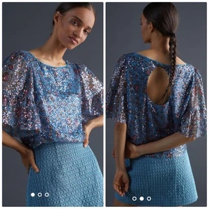 Anthropologie Maeve Blue and Pink Sequined Blouse Ruffled Sleeve Size Small - Picture 1 of 6