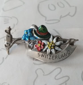 Schweiz Reiseabzeichen Emaille Brosche Anstecknadel Vintage Alpenhut Wandern Spitzhacke - Bild 1 von 2