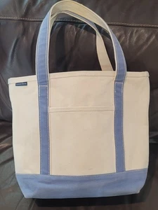 Lands' End Canvas Boat Tote Beach Travel Bag Pockets 14x12x7 Navy Ivory - Picture 1 of 11