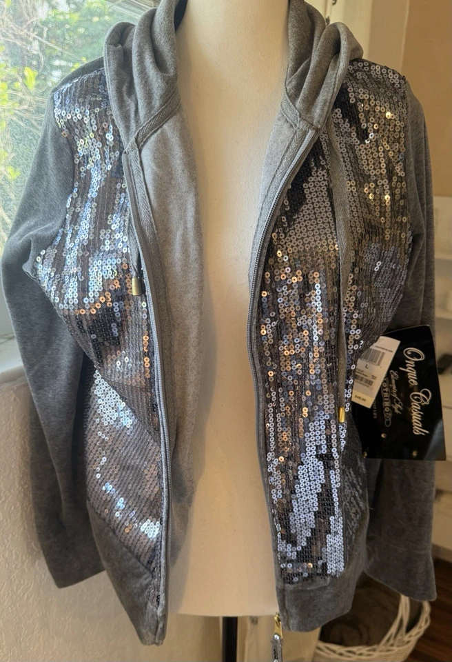Ladies, Gray Zip Up Sequin Hoodie New With Tags Size Large - Image 1 of 4